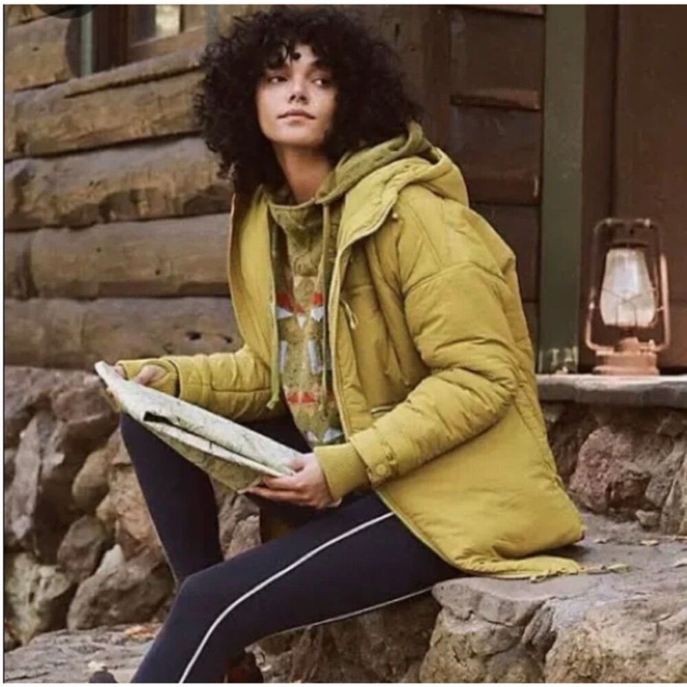 Free People FP Movement Puffer Coat XS Mustard Yellow Hooded Insulated Parka